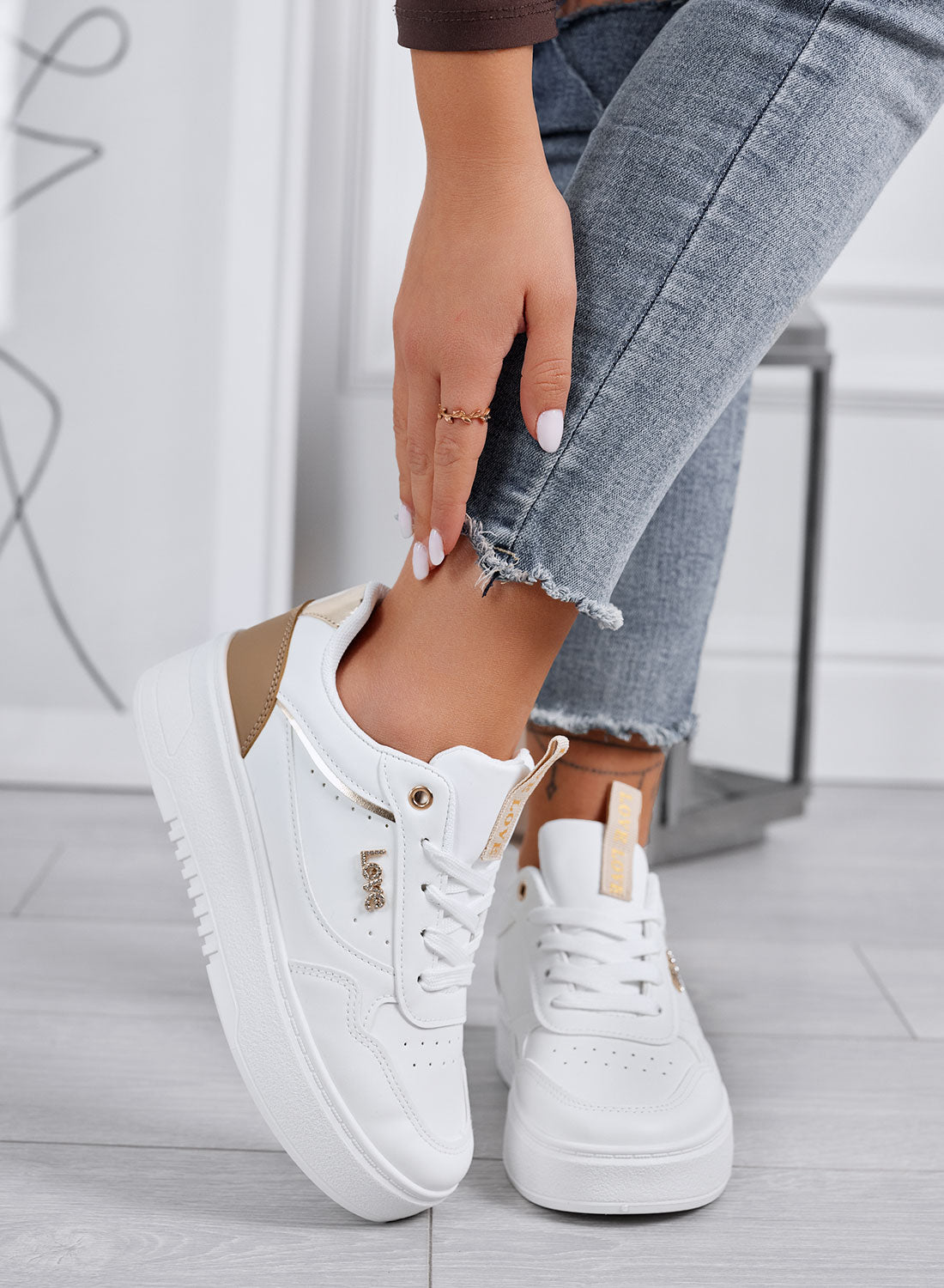 SHINE - White sneakers with gold details and "Love" lettering