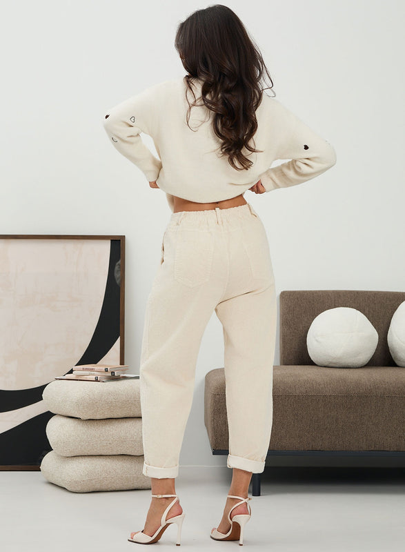Beige high-waisted corduroy trousers