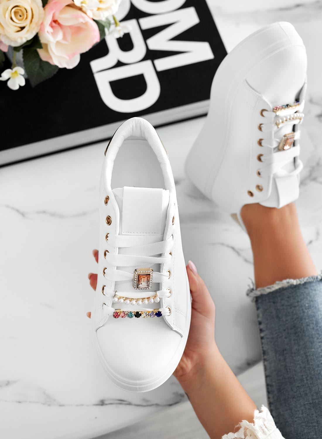 White sneakers with jewel appliqué and gold heel