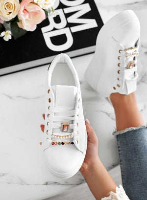 White sneakers with jewel appliqué and gold heel