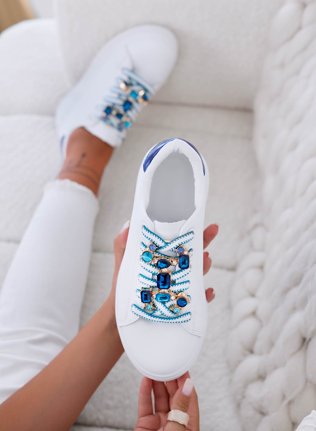 SORAYA - White sneakers with jewel embellishment and blue heel