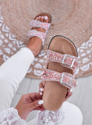 BROOKE - Pink jeweled slide sandals with buckles and rhinestones