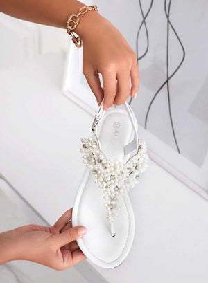 GARDENIA - Alexoo white jeweled thong sandals with pearls