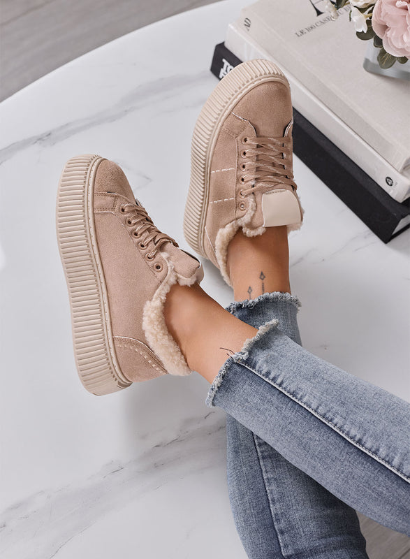 LUANA - Sneakers Donna Beige con Pelliccia Interna e Suola Platform