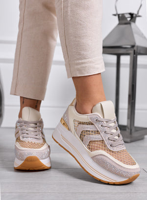 MIRANDA - Sneakers beige Platform con Inserti Rete e Strass