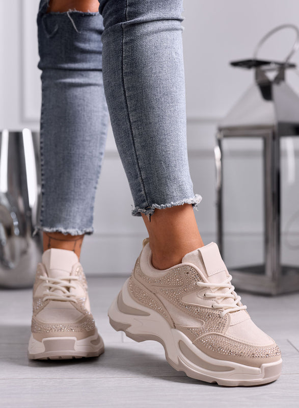 LOREEN - Sneakers beige con Strass e Suola chunky