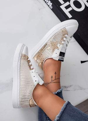 White sneakers with beige inserts and gold glitter