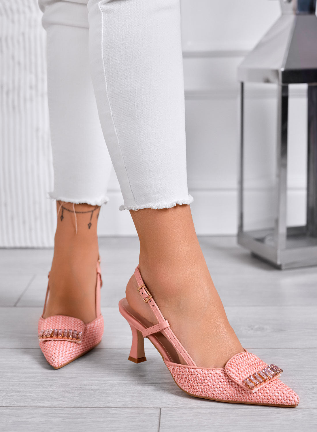 RUSH - Pink Slingback Woven Pumps with Jewel Embellishment