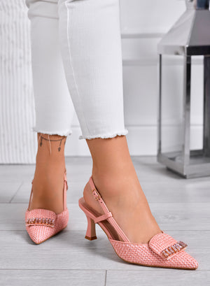 RUSH - Pink Slingback Woven Pumps with Jewel Embellishment