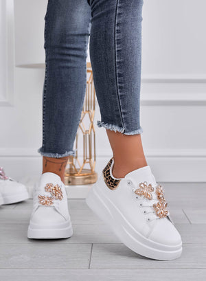 IRENE - White sneakers with leopard-print heel and gold jeweled butterflies