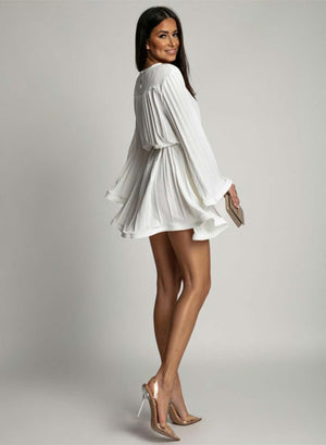 White pleated dress with waist tie