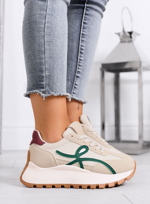 YONA - Beige sneakers with green details and high sole