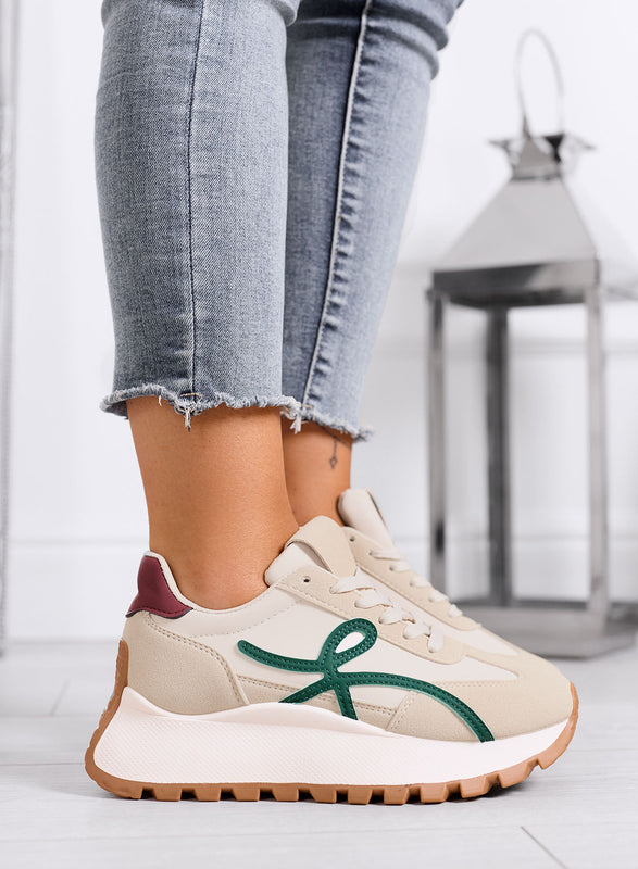 YONA - Sneakers beige con dettagli verdi e suola alta