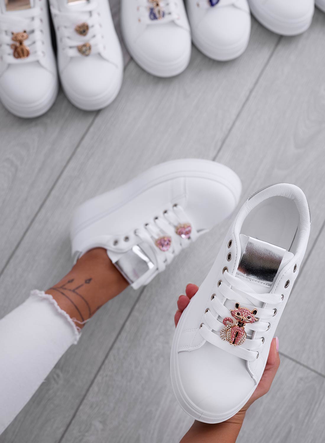 ENERGY - White sneakers with jeweled cat and silver heel