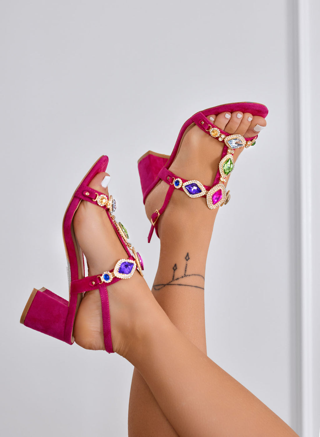 YULIA - Sandali Gioiello fuxia con Tacco Largo e Pietre multicolor