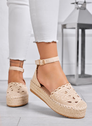 CRISTY - Espadrillas beige ricamate con cinturino alla caviglia e suola platform in corda