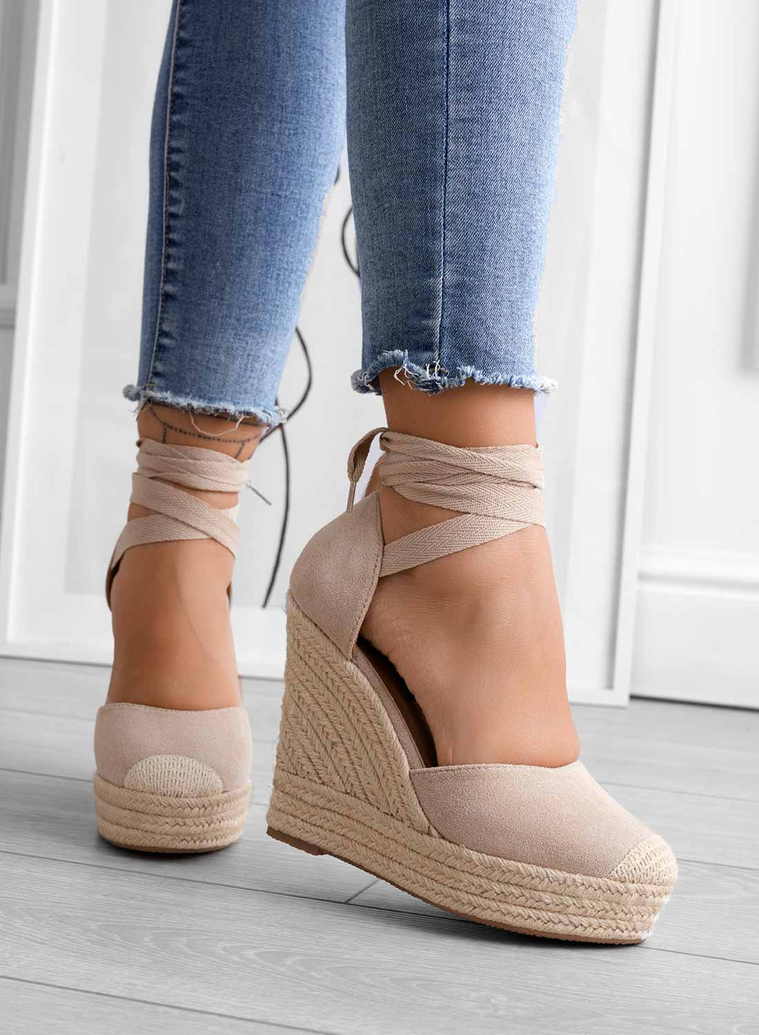 AMBRA - Espadrilles Alexoo beiges avec semelle compensée en corde et lacet
