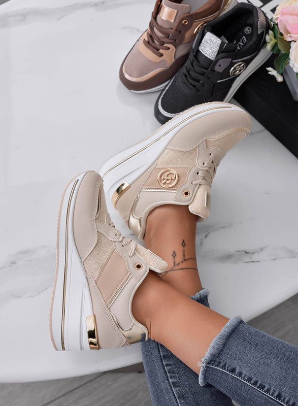 ROSALBA - Sneakers beige con inserti laminati oro