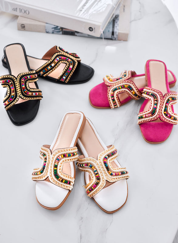 KARMEN - Sandali neri Ciabatte flat con perline multicolor e dettagli dorati