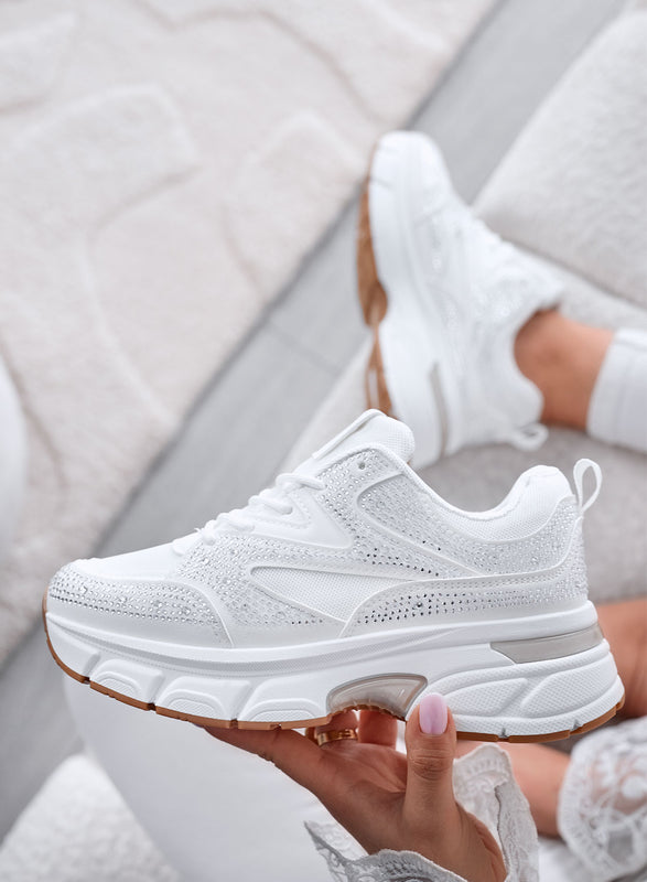 MARTINA - White Sneakers with Rhinestones and Chunky Platform Sole
