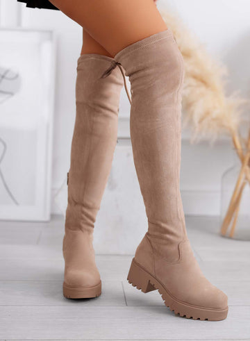 FLUX women's over-the-knee suede boots in mud color with chunky sole