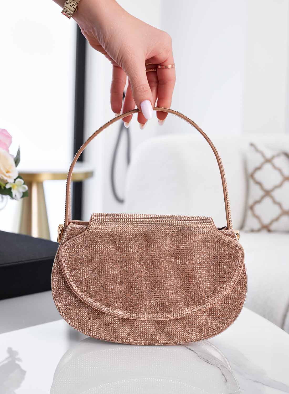 Borsa oro rosa con strass e catena B233