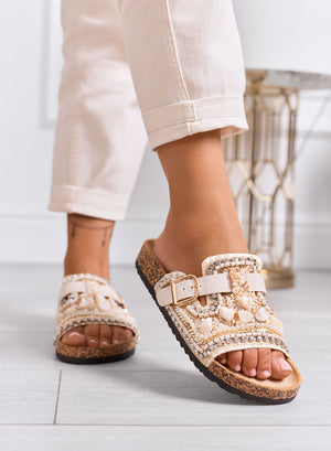 POLLY - Beige sandals and slippers with embellishments and golden buckle