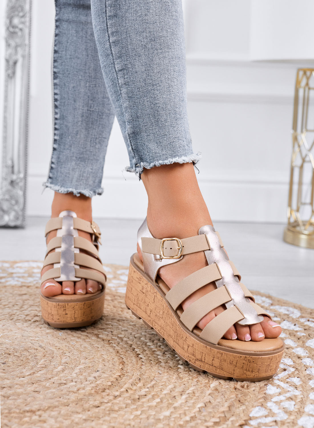 MATILDE - Sandali beige con zeppa platform effetto sughero