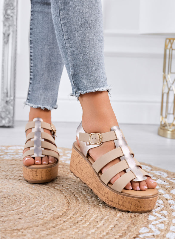 MATILDE - Sandali beige con zeppa platform effetto sughero