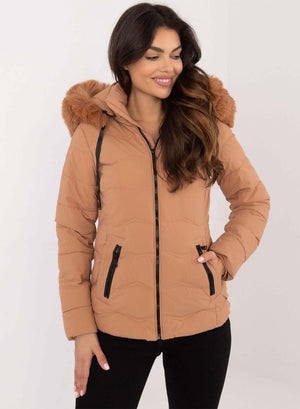 Short padded camel jacket with faux fur hood