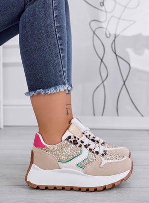 VIVIANA - Beige sneakers with gold glitter and leopard print inserts