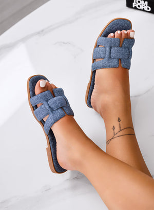 Blue denim sandals with H-shaped braided straps
