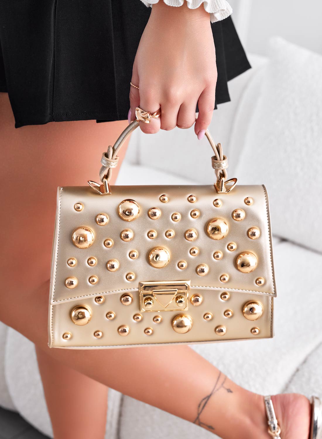 Gold bag with sphere studs and shoulder strap B231
