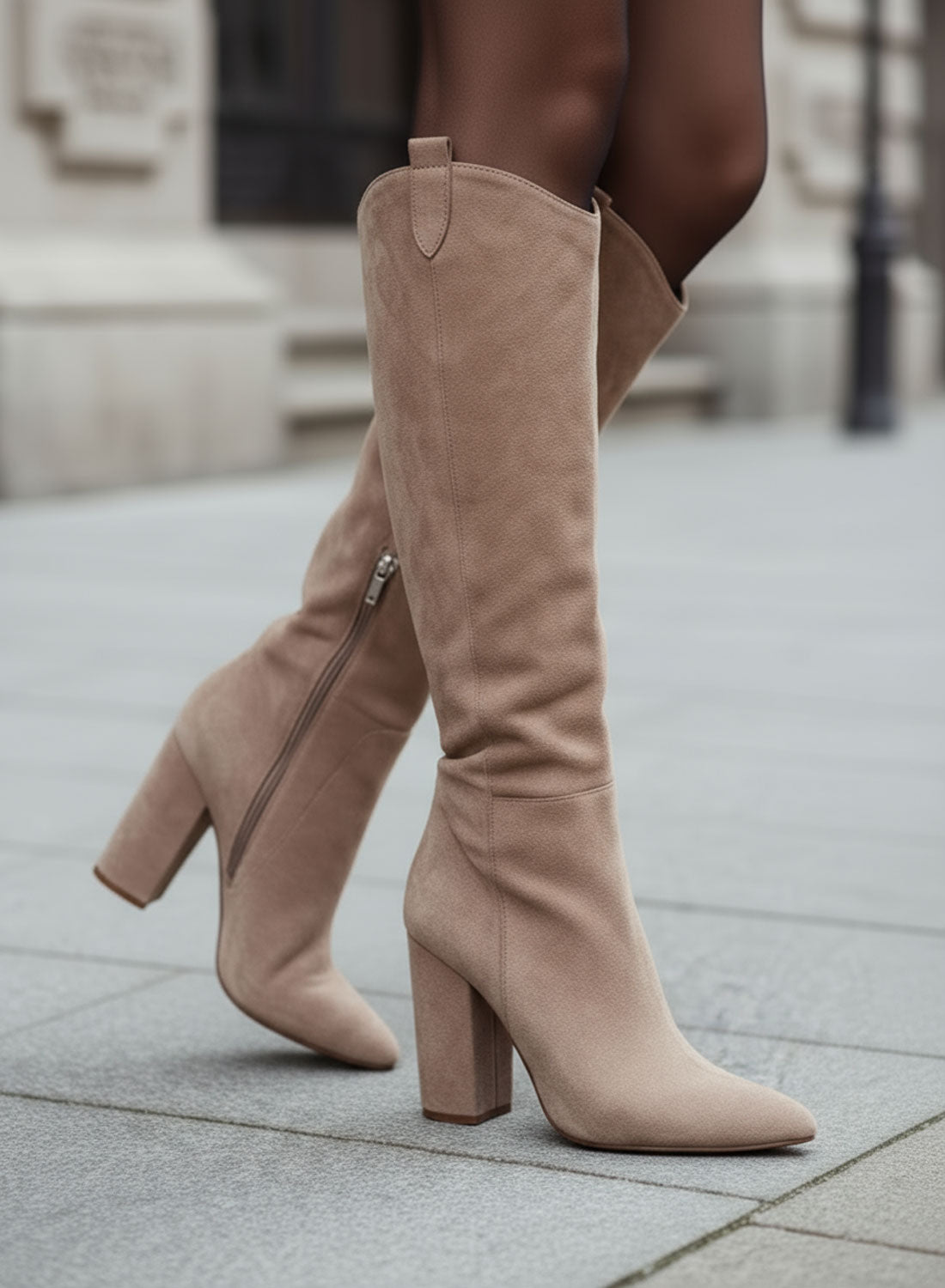 CASSIA - Tall taupe boots with block heel and pointed toe