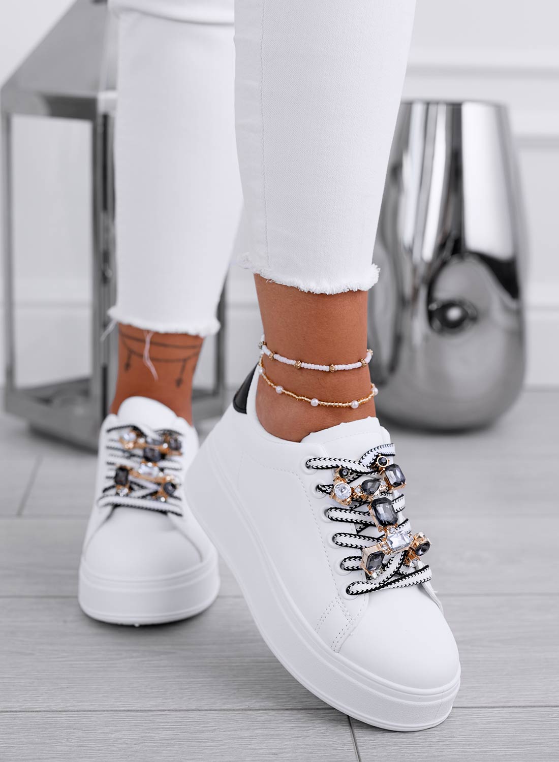 SORAYA - White sneakers with jewel embellishment and black heel