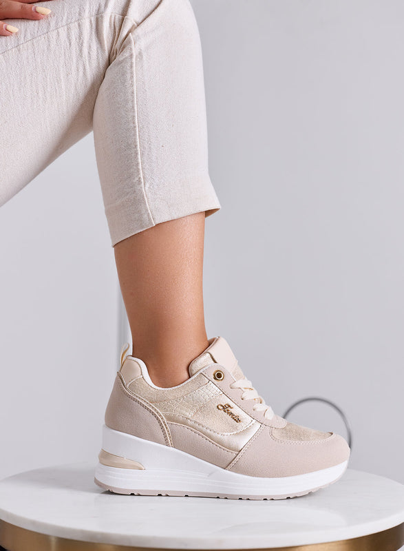 HOLLY - Sneakers Donna beige con Zeppa e Dettagli oro