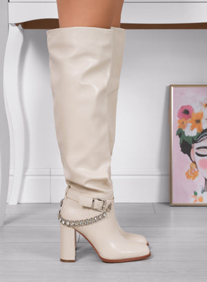 ALESSANDRA - Beige over-the-knee Alexoo boots with rhinestone chain