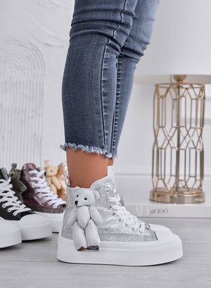 MARICA - Silver laminated sneakers with teddy plush