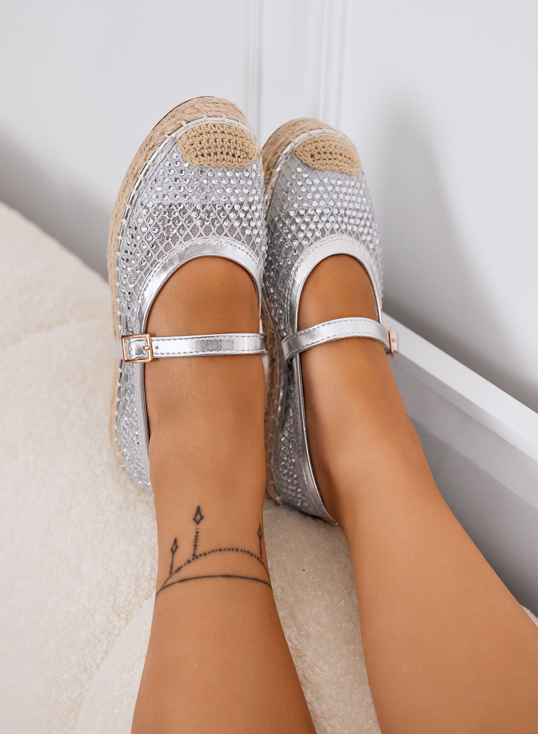 MARIKA - Espadrilles argentées avec strass et bride sur semelle en corde