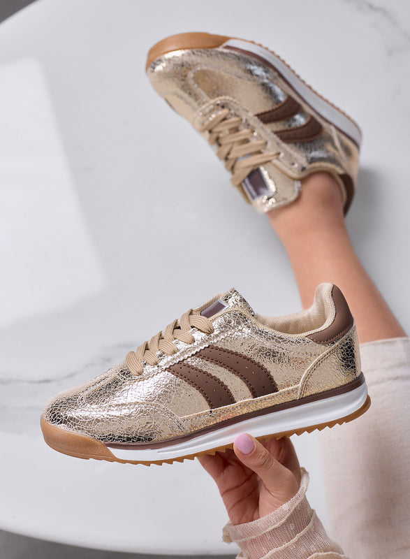 PIERA - Sneakers oro metallizzato con dettagli marroni e suola in gomma