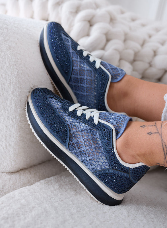 LORENA - Sneakers Blu con Pizzo e Strass Luminosi