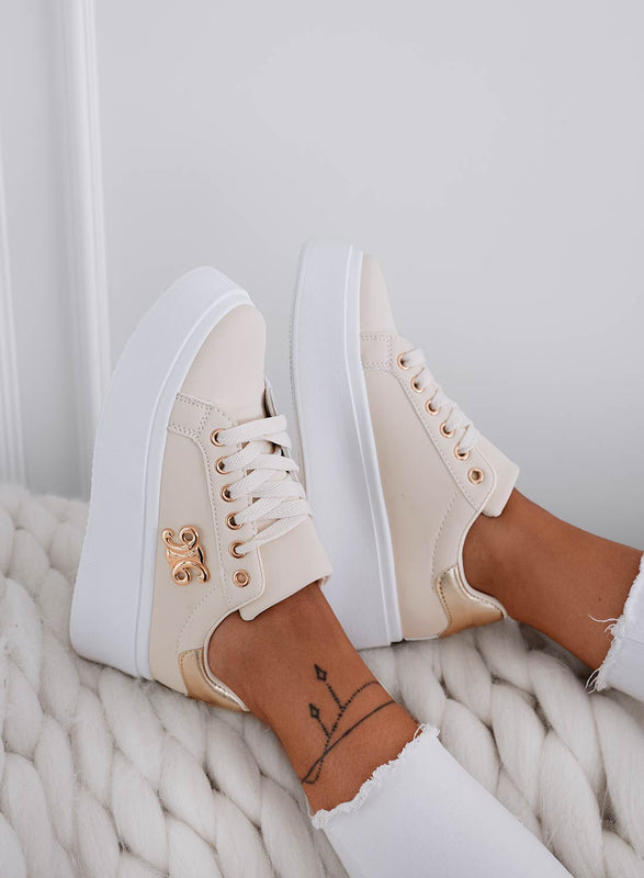 ANNARITA - Sneakers beige con retro e applicazione oro