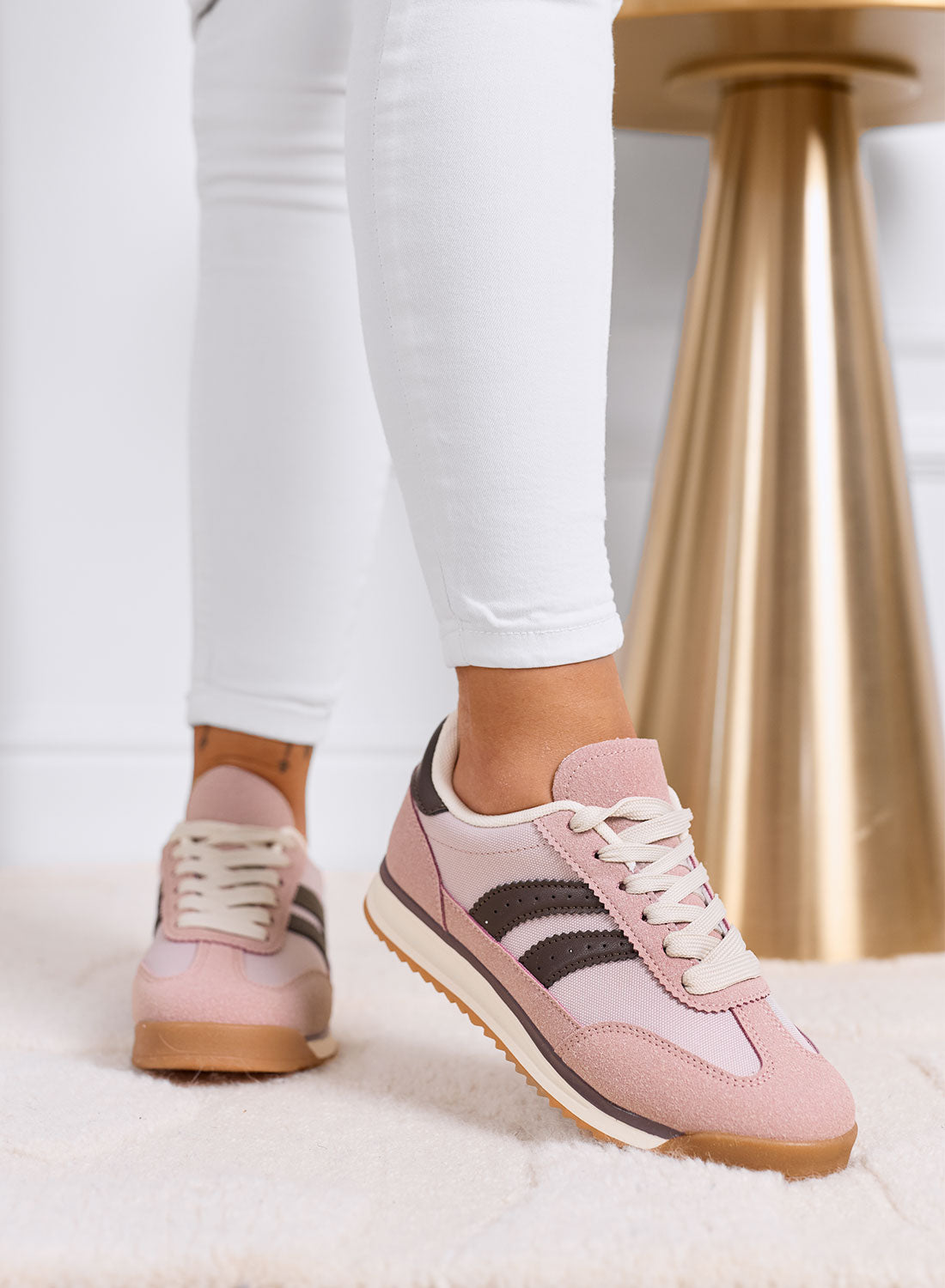 PIERA - Sneakers rosa in tessuto con dettagli marroni e suola in gomma
