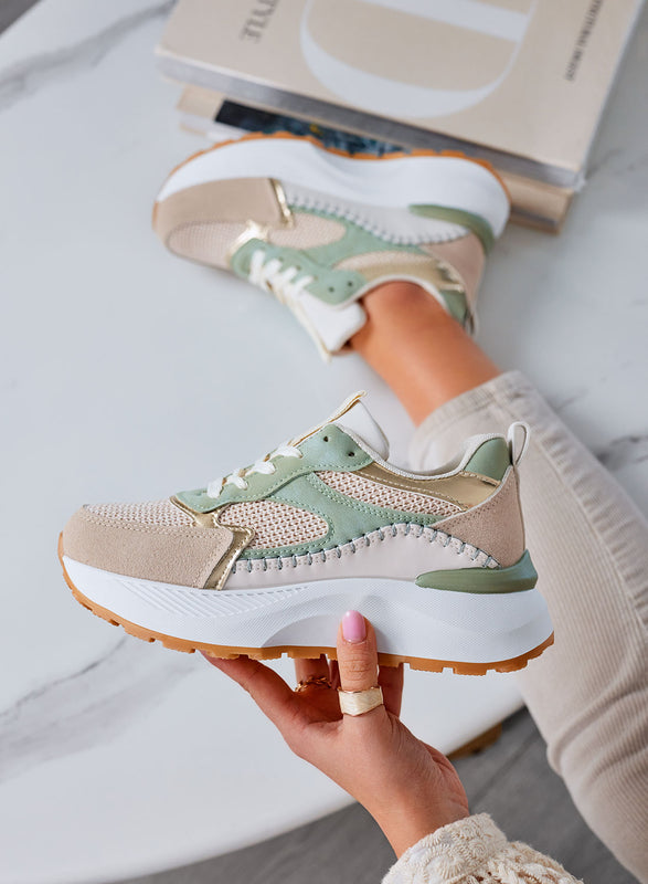 IRIS - Sneakers verdi con inserti in tessuto beige