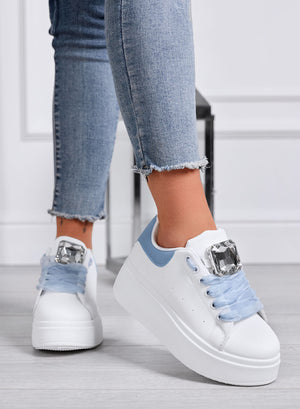 OLIVIA - White Platform Sneakers with Jewel Detail and Blue Laces