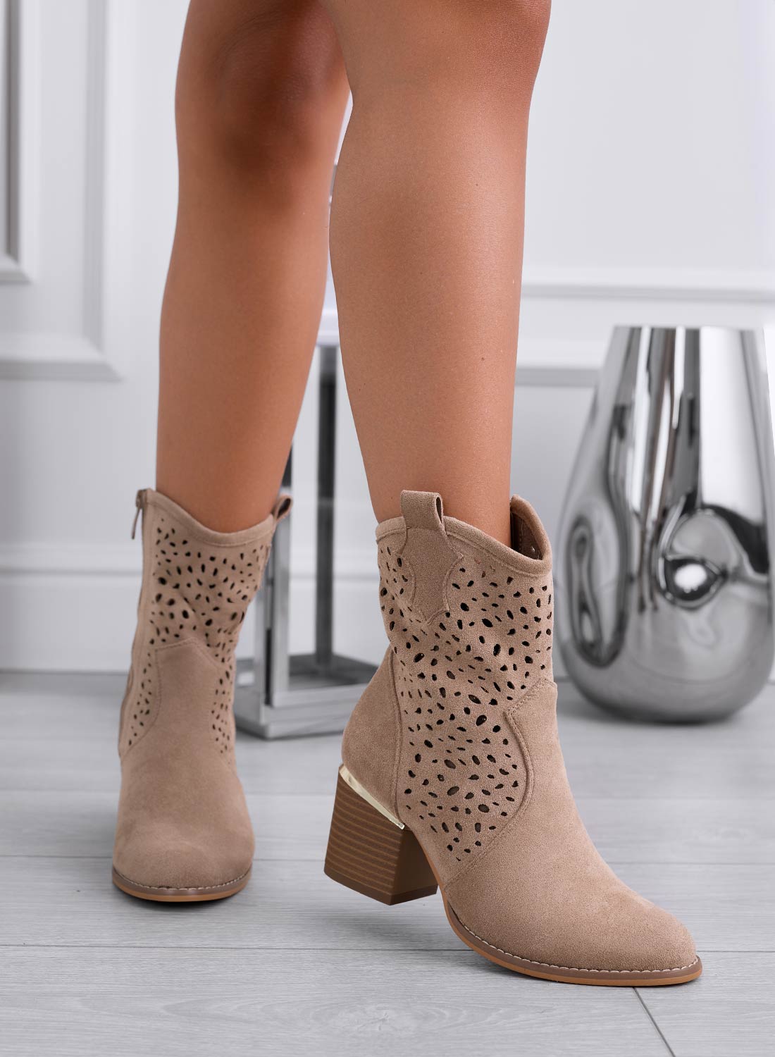 GRACE - Perforated suede ankle boots in mud color
