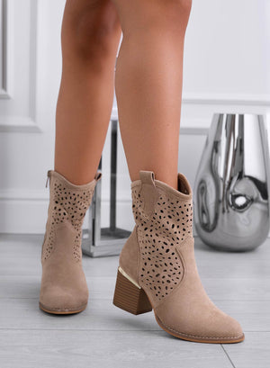 GRACE - Perforated suede ankle boots in mud color