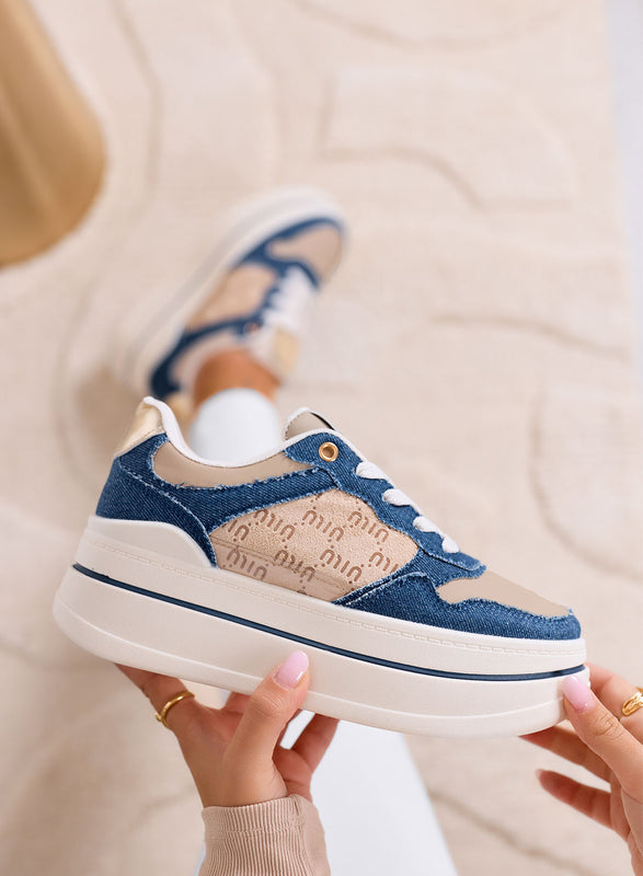 LOREDANA - Sneakers blu jeans con dettagli beige e maxi suola platform