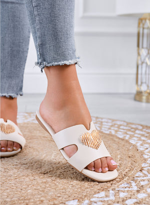 IGGY - Beige slide sandals with gold heart embellishment