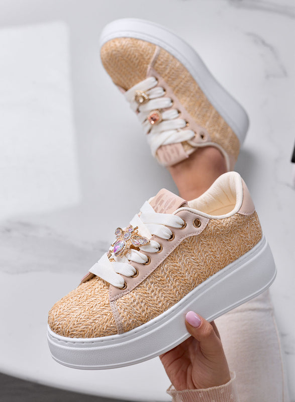VENERE - Beige woven sneakers with jeweled bee appliqué